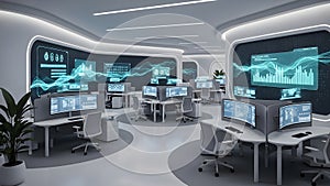 Futuristic office with multiple computer workstations and large screens