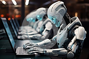 Futuristic office setting, 3D rendering featuring a working robot assistant