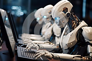 Futuristic office setting, 3D rendering featuring a working robot assistant