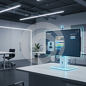 Futuristic office setting featuring a sleek, illuminated computer screen displaying a