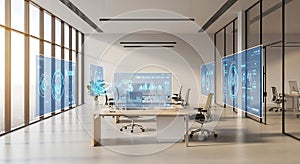 Modern office technology futuristic interface data visualization charts graphs analysis ai