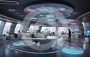 A futuristic office space with holographic screens and floating keyboards