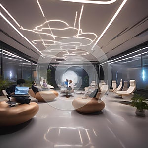 A futuristic office where employees are seated on levitating chairs, surrounded by holographic computer screens2