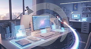 Futuristic Office Workspace with Digital Rocket Launch