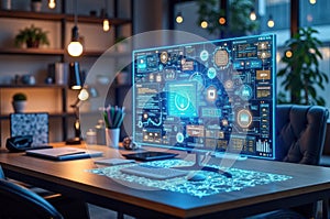 Futuristic office workspace with high-tech data interface display