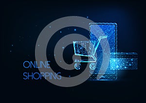 Futuristic online shopping, e-commerce concept with glowing smartphone, shopping cart, credit card