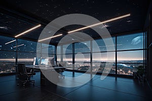 a futuristic open office with a view of the night sky, stars gleaming visible through the large windows