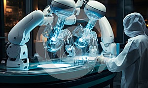 Futuristic Operating Room with Robot Arms Performing Surgery on a Patient Surgeons Overseeing Procedure in High-Tech Hospital