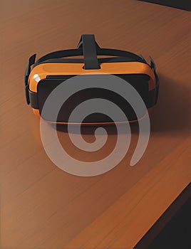 Futuristic orange and black colored vr goggle on the desk