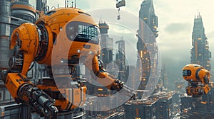 Futuristic orange construction robots assembling skyscrapers in a high-tech city