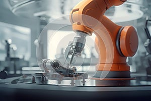 futuristic orange robotic arm working in a high-tech laboratory.