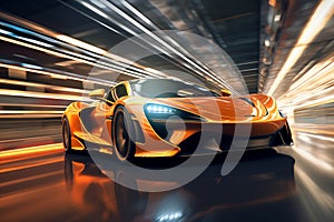 Futuristic orange sports car on the road with motion blur background. Hyper realistic illustration