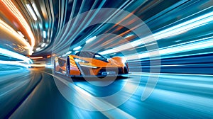 Futuristic Orange Sports Car Speeding in a Neon-Lit Tunnel, Concept of Modern Technology and Dynamic Lifestyle with Fast