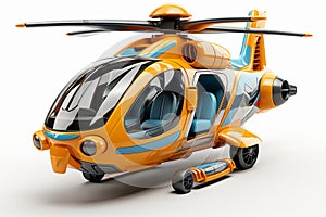 Futuristic orange toy helicopter isolated on a white background. Concept of kids friendly toys, aviation playthings