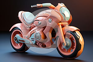Futuristic orange toy motorbike on dark background. Concept of kids friendly toys, transport-themed playthings, playful