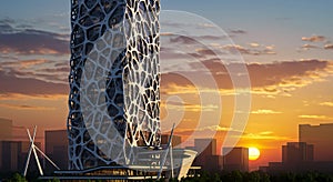 Futuristic Organic Skyscraper at Sunset