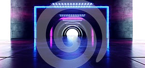 Futuristic Oval Circle Neon Glowing Purple Blue Rectangle Shaped Laser Beam Lights On Concrete Grunge Floor Reflective Tunnel
