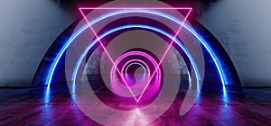 Futuristic Oval Circle Neon Glowing Purple Blue Triangle Shaped Laser Beam Lights On Concrete Grunge Floor Reflective Tunnel