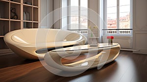 Futuristic Ovoid Coffee Table With Soft Armrests And Cream Modern Style