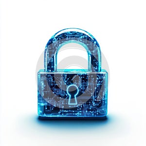Futuristic Padlock Made of Interconnected Glowing Blue Circuits Isolated on White