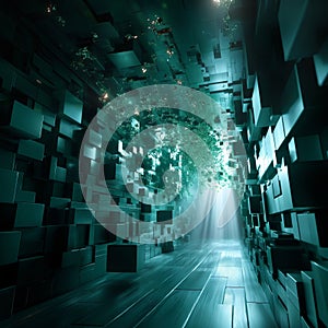 Futuristic Parametric White Room with Floating Cubes photo