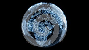 Futuristic particle digital earth spins with bright continents made from pixels