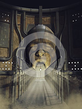 Futuristic passage to a head shaped temple