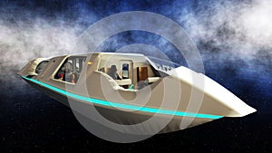 Futuristic passenger bus flying in space. Transport of the future. 3d rendering.