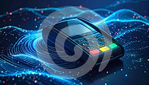 Futuristic Payment Terminal with Digital Network Background