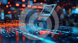 Futuristic Payment Terminal with Glowing Digital Data Stream