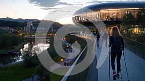 A futuristic pedestrian bridge lit up at night, with a curved design and scenic views of the city and nearby water photo