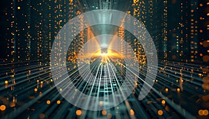 Futuristic perspective of converging lines and golden light particles