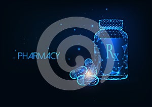 Futuristic Pharmacy concept with glowing low polygonal medicament container and capsule pills.