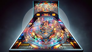 Futuristic Pinball Machine with Vibrant Neon Lights and Sci-Fi Artwork