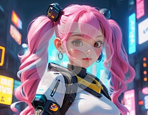 Futuristic Pink-Haired Female Cyborg