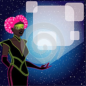 Futuristic pink haired woman with a holographic display