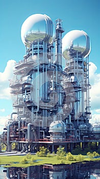 Futuristic Pipeline, storage tanks and pipe rack of petroleum, chemical, hydrogen or ammonia industrial plant vertical