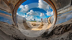 Futuristic Pipes Leading to the Horizon Under a Wide Sky. Industrial Landscape, Conceptual Engineering, and