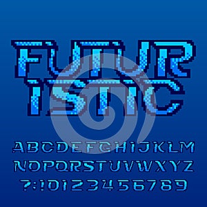 Futuristic pixel alphabet font. Pixel gradient letters, numbers and symbols.