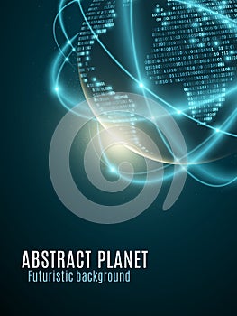 Futuristic planet earth. World map from binary code. Glowing, blurry neon lines. Abstract background. Computer programming code. G