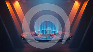 Futuristic platform glowing blue light beams circular