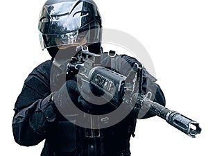 Futuristic police officer holding up and aiming with his AR 15 type carbine.