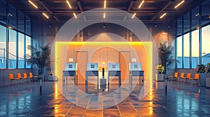 Futuristic polling station with illuminated neon accents and voting booths in a sleek interior. Concept of elections