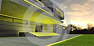 Futuristic porch lighting in yellow. Early morning an hour and a half before dawn. A straight line separates the lawn from the