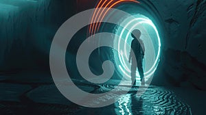 Futuristic portal in alien world, person in spacesuit comes out of glowing round door, man standing on dark background. Theme of