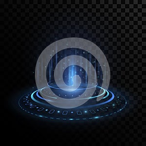 Futuristic portal hologram with HUD interface elements on transparent background. Stylish light effect. Glowing circles with