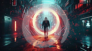 Futuristic portal like round glowing door and man, strange traveler in dark cyberpunk city. Person in surreal corridor at night.