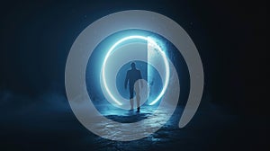Futuristic portal at night, glowing round door and person, man standing on dark background. Theme of travel, sci-fi, people, light