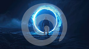 Futuristic portal at night, glowing round door and person, man standing on dark background. Theme of travel, sci-fi, people, light