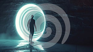 Futuristic portal in stone wall, glowing round door and person, man standing on dark background. Concept of travel, sci-fi, people